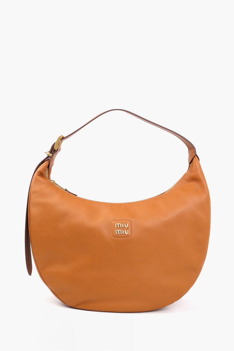 MIU MIU Logo-Plaque Zipped Shoulder Bag in Cognac Calfskin Leather 0