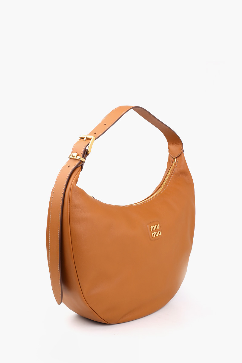 MIU MIU Logo-Plaque Zipped Shoulder Bag in Cognac Calfskin Leather 1