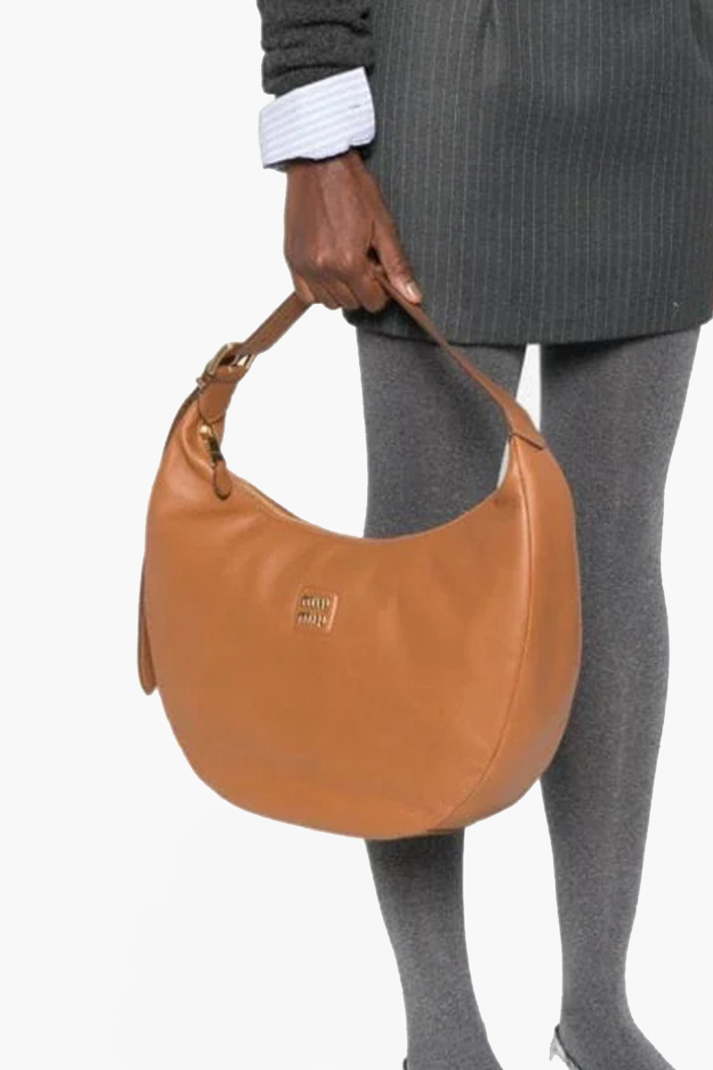 MIU MIU Logo-Plaque Zipped Shoulder Bag in Cognac Calfskin Leather 3