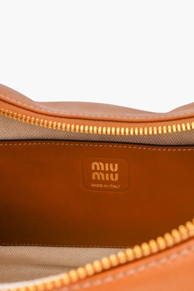 MIU MIU Logo-Plaque Zipped Shoulder Bag in Cognac Calfskin Leather 4
