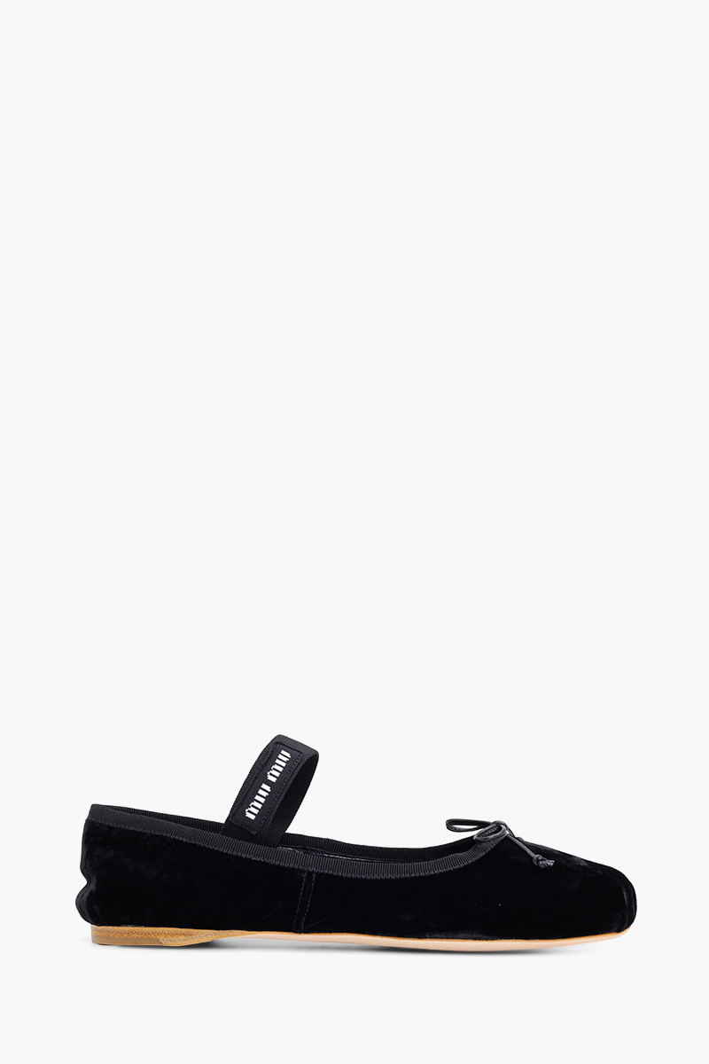 MIU MIU Bow Elastic Band Ballerina in Black Velvet with Logo 0