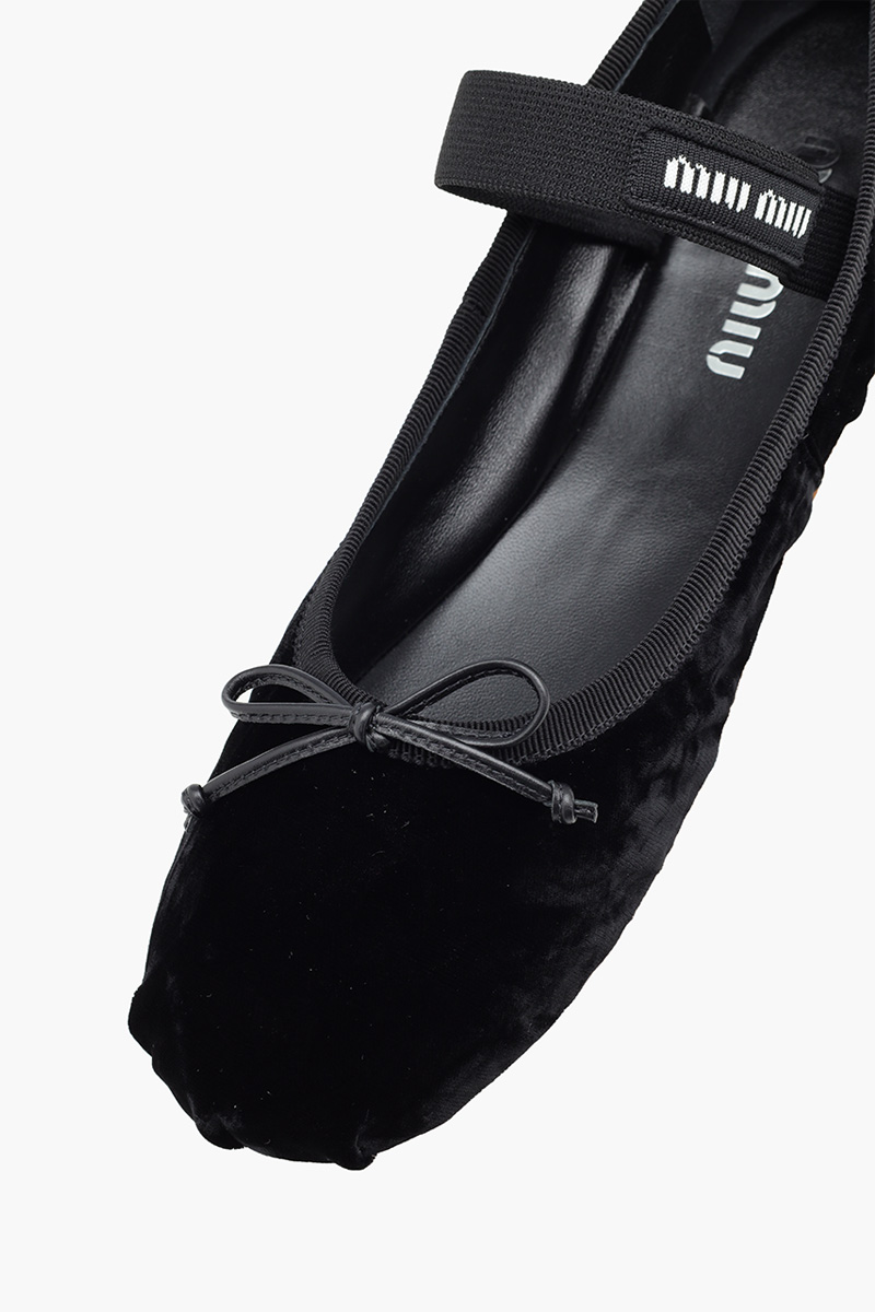 MIU MIU Bow Elastic Band Ballerina in Black Velvet with Logo 4