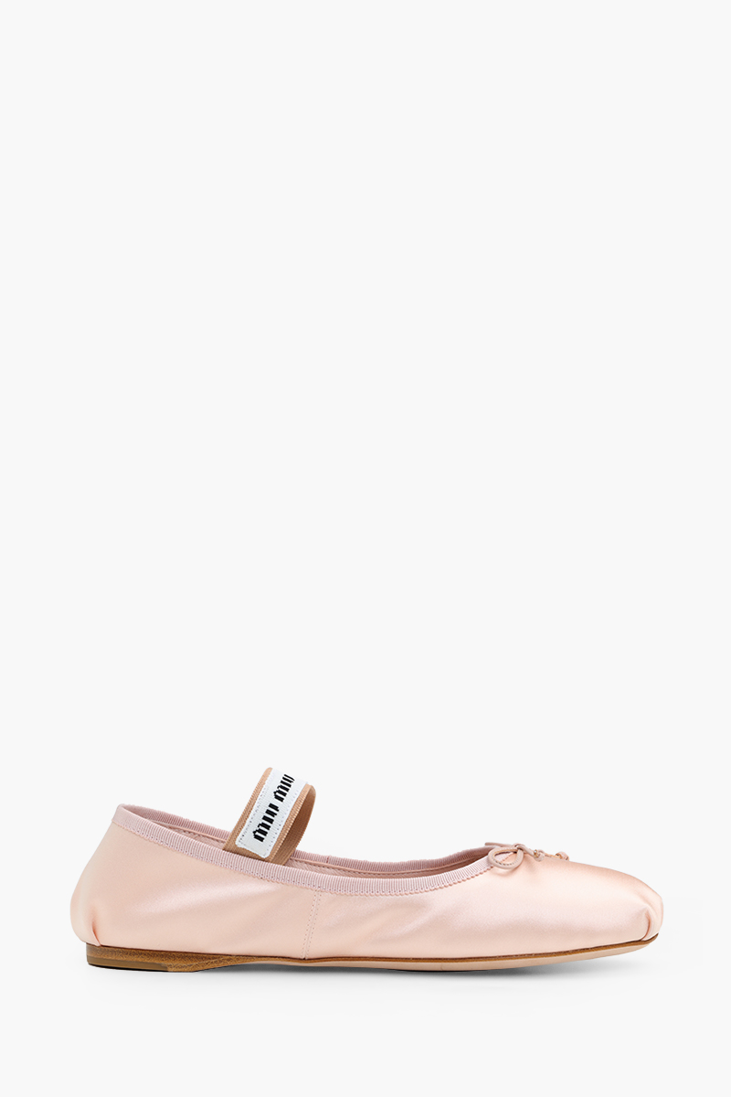 MIU MIU Bow Elastic Band Ballerina in Orchid Pink Satin with Logo 0