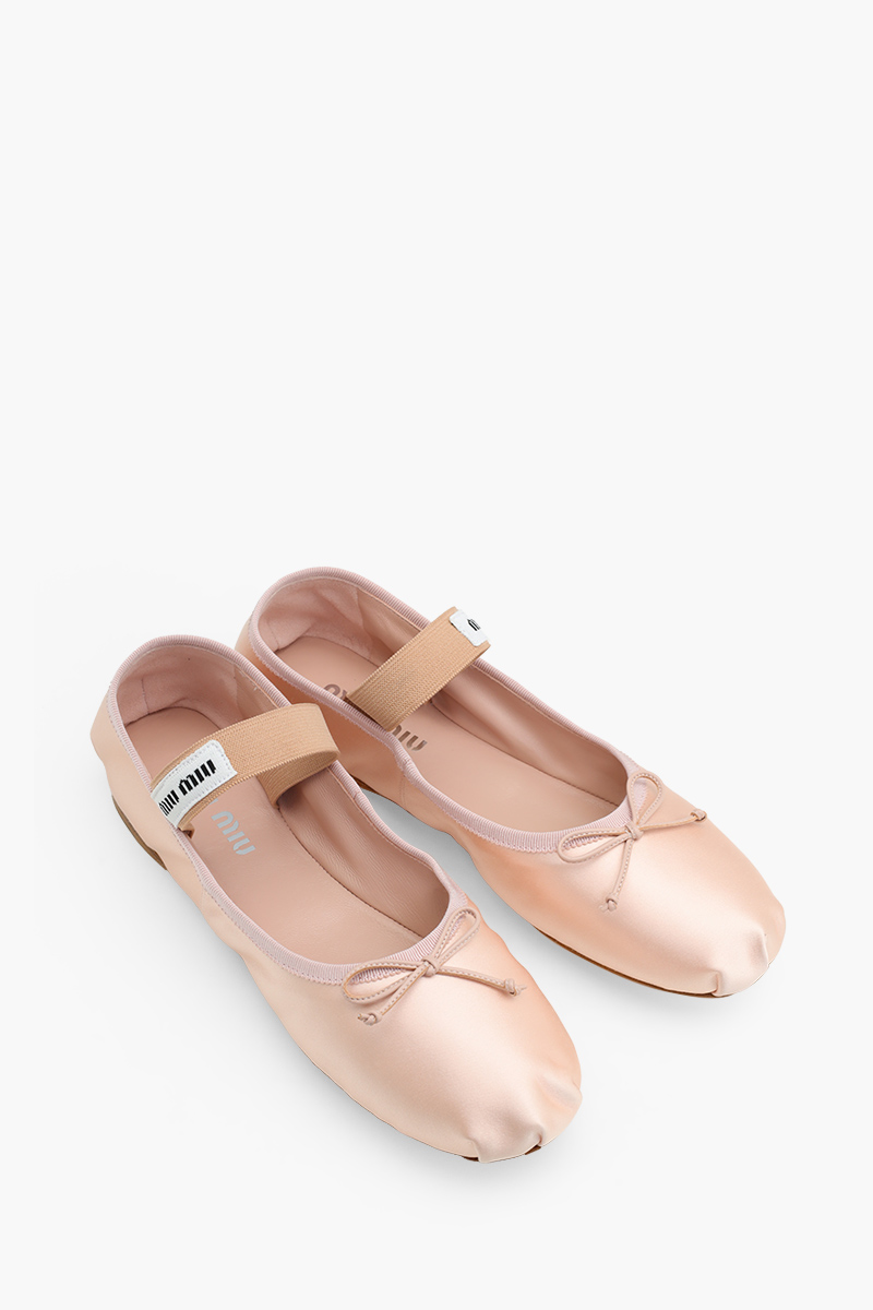 MIU MIU Bow Elastic Band Ballerina in Orchid Pink Satin with Logo 1