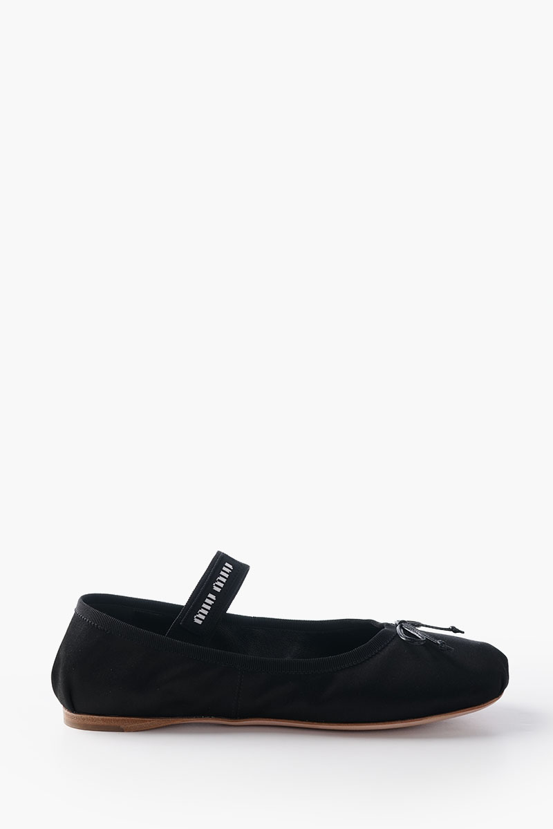 MIU MIU Bow Elastic Band Ballerina in Black Leather with Logo 0