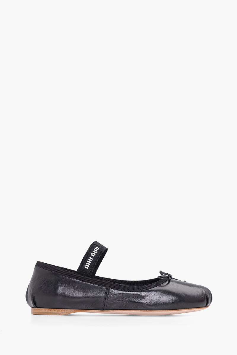 MIU MIU Bow Elastic Band Ballerina in Black Leather with Logo 0