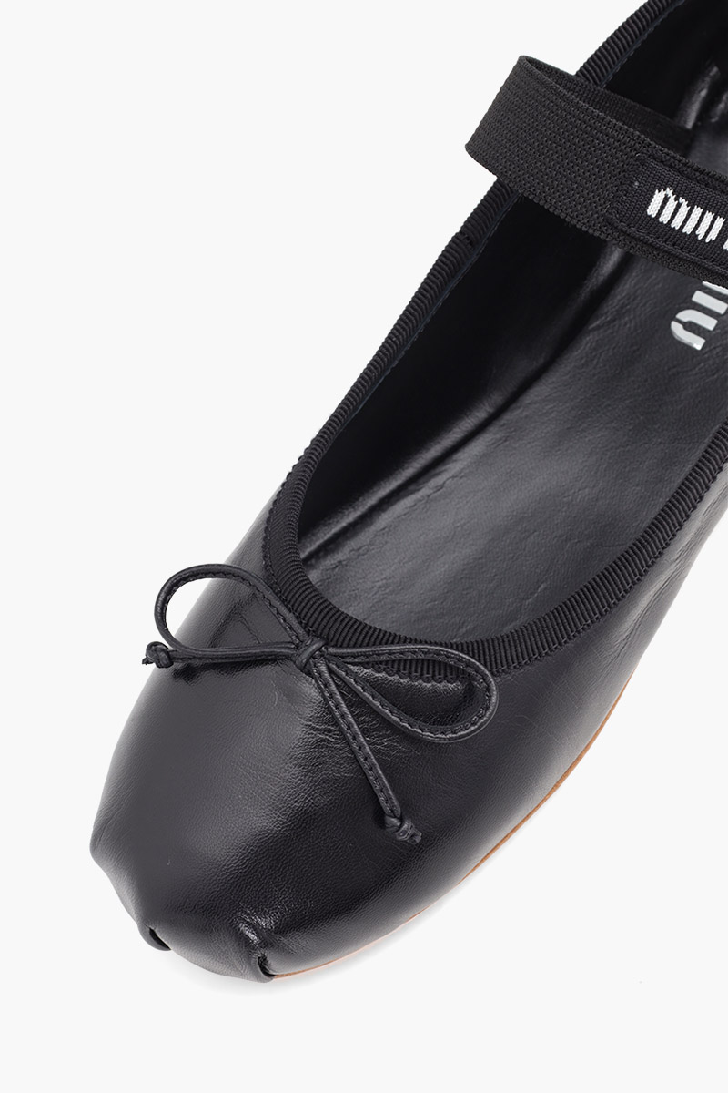 MIU MIU Bow Elastic Band Ballerina in Black Leather with Logo 4