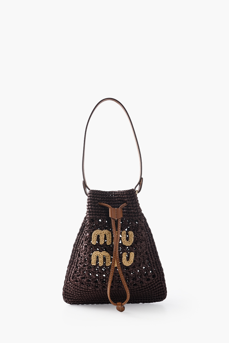 MIU MIU Mini Drawstring Handbag in Brown Raffia 0