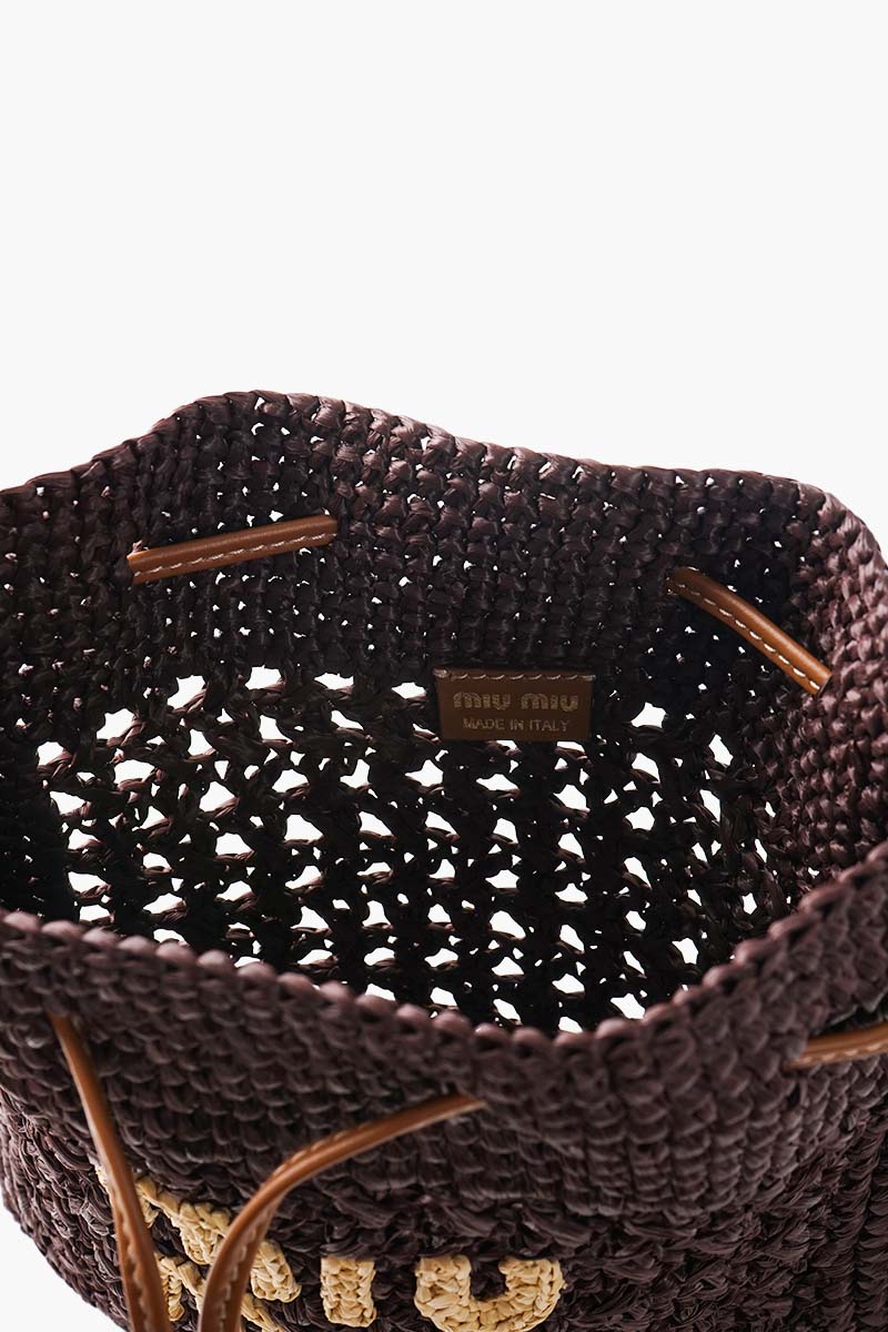 MIU MIU Mini Drawstring Handbag in Brown Raffia 3