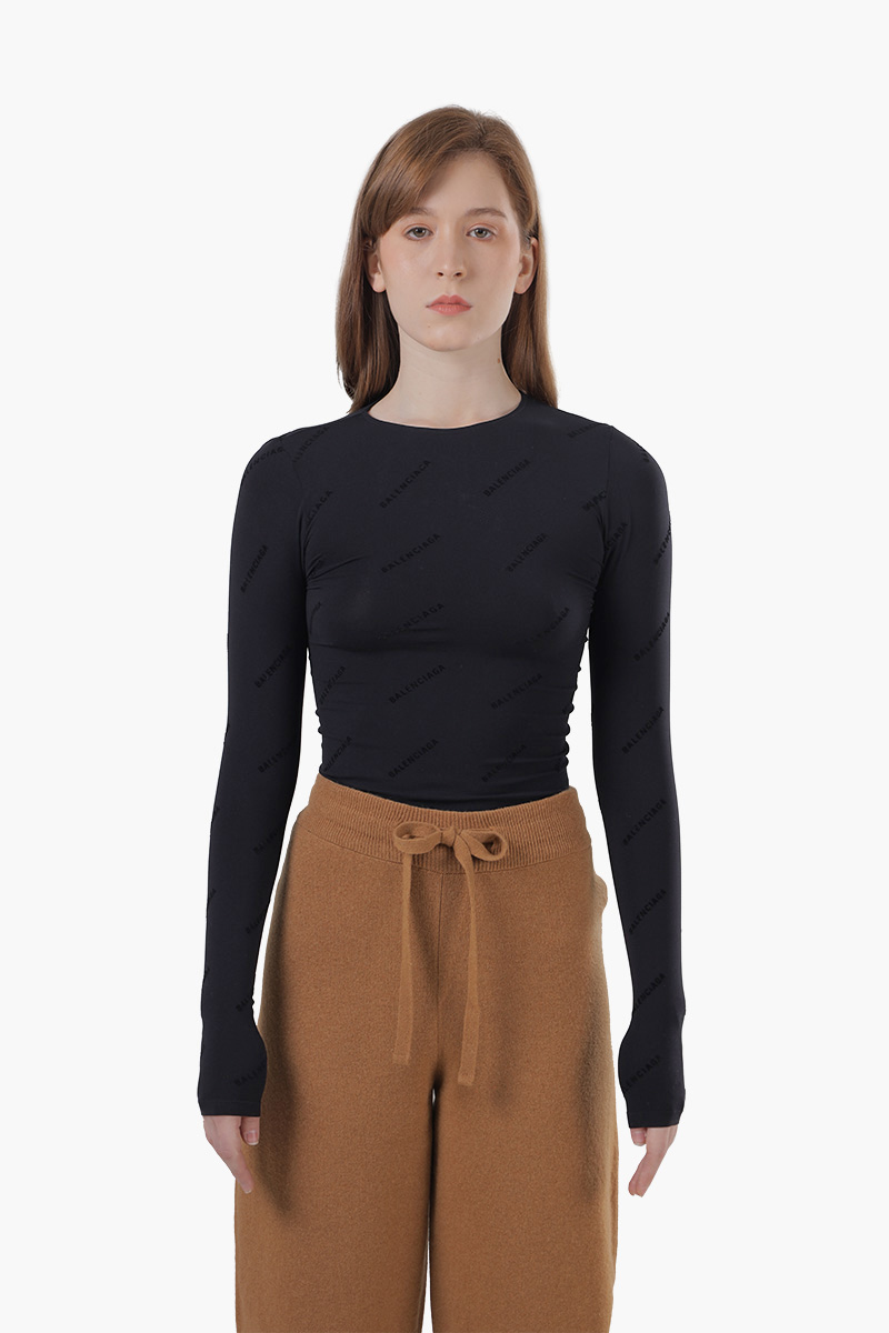 BALENCIAGA Women All Over Logo Flock Top in Black Seamless Technical Fabric 0