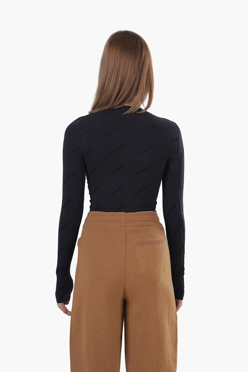 BALENCIAGA Women All Over Logo Flock Top in Black Seamless Technical Fabric 1