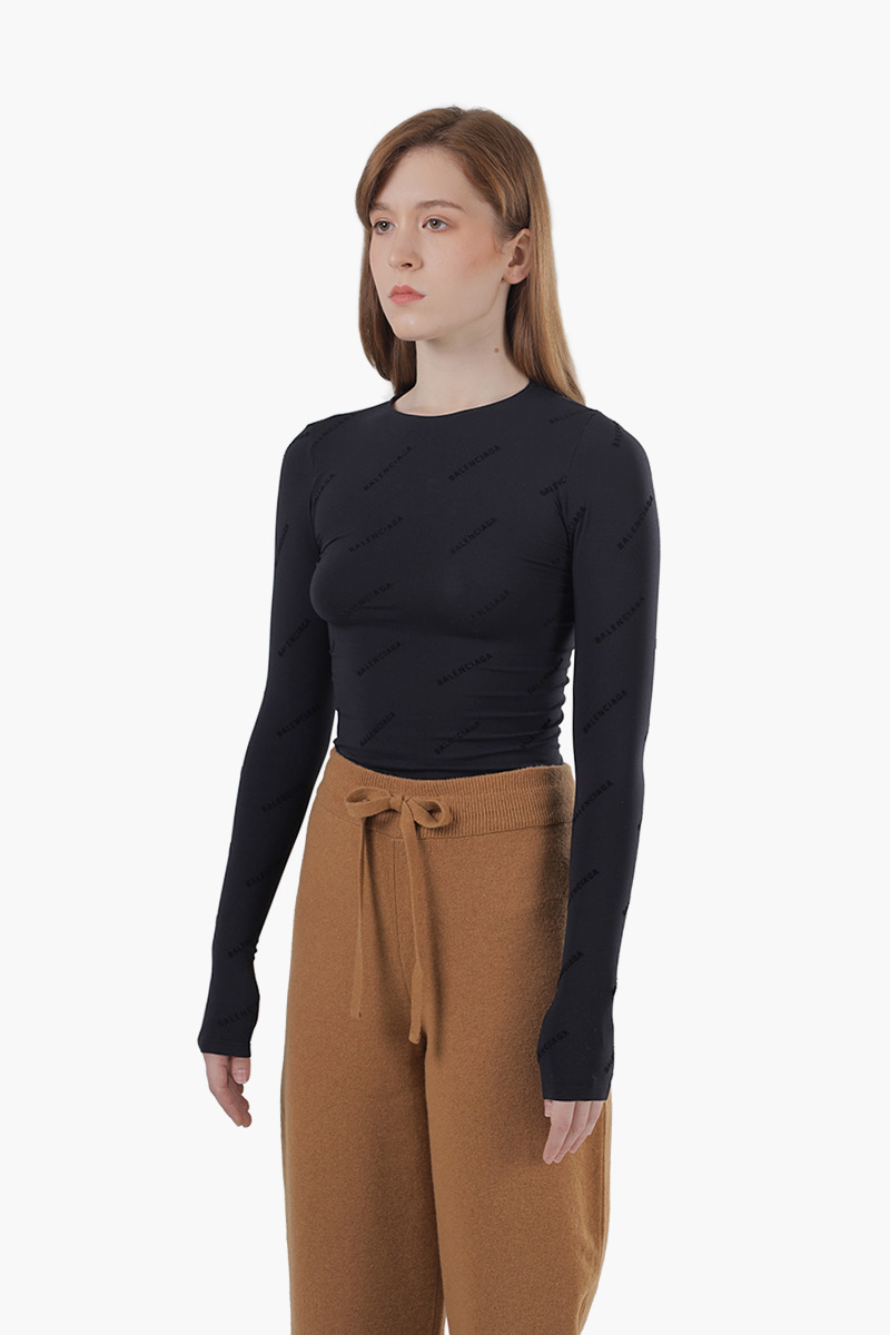 BALENCIAGA Women All Over Logo Flock Top in Black Seamless Technical Fabric 2