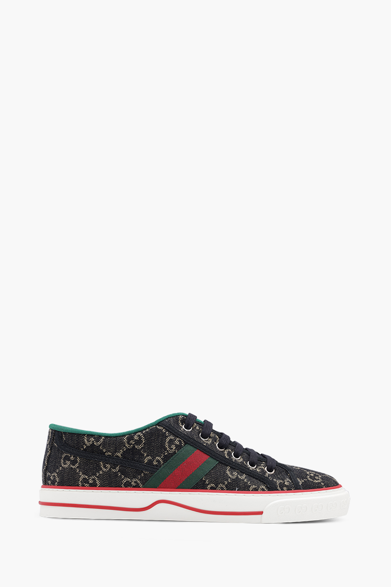 GUCCI Men GG Supreme Tennis 1977 Sneakers in Black/White Denim with Green/Red Web 0