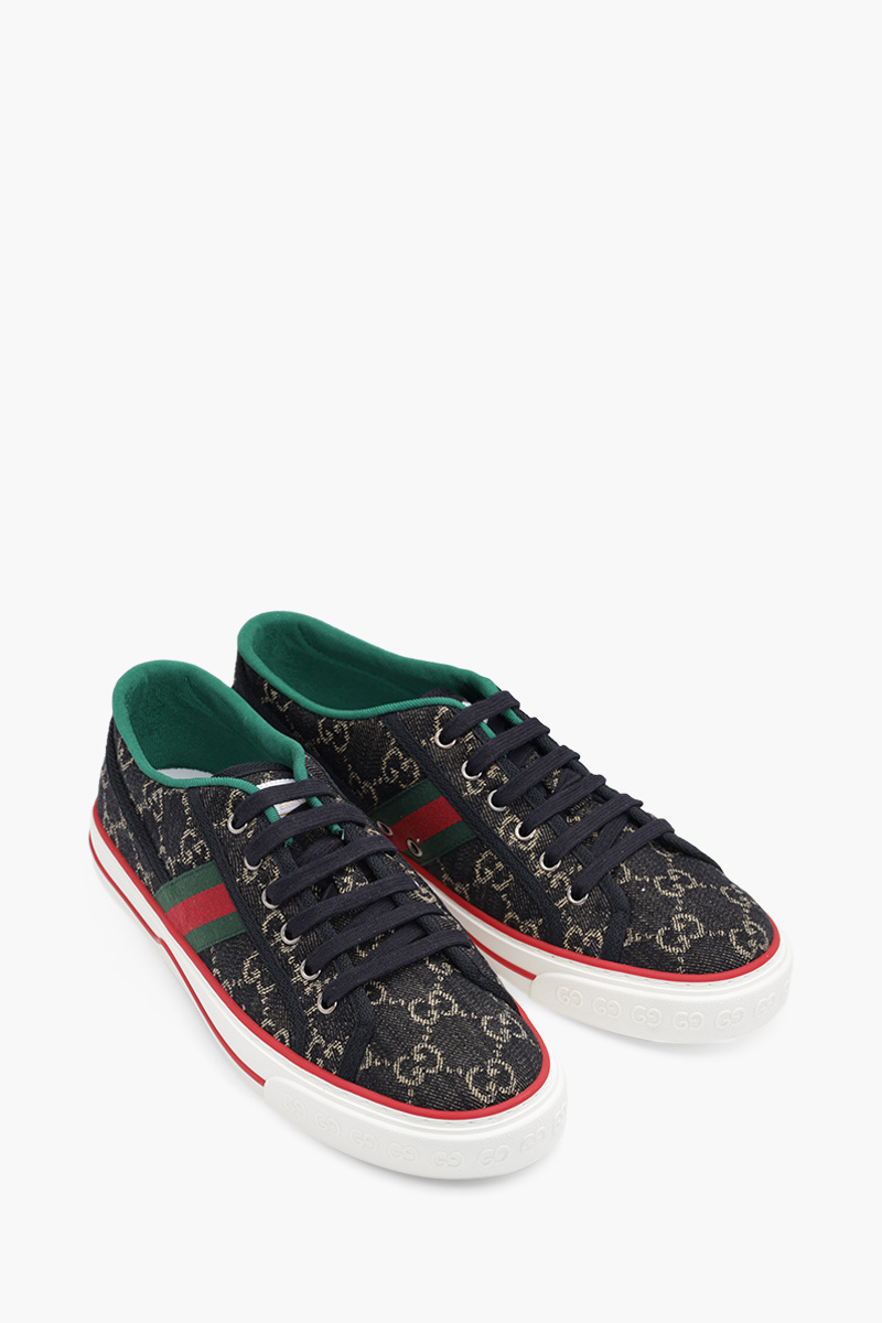 GUCCI Men GG Supreme Tennis 1977 Sneakers in Black/White Denim with Green/Red Web 1