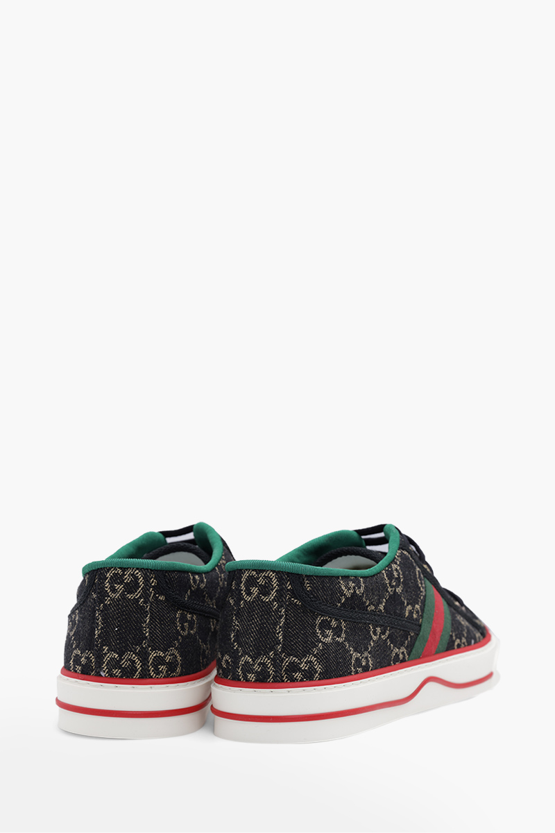 GUCCI Men GG Supreme Tennis 1977 Sneakers in Black/White Denim with Green/Red Web 2