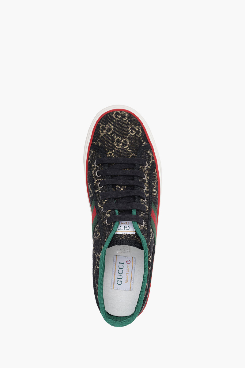 GUCCI Men GG Supreme Tennis 1977 Sneakers in Black/White Denim with Green/Red Web 3