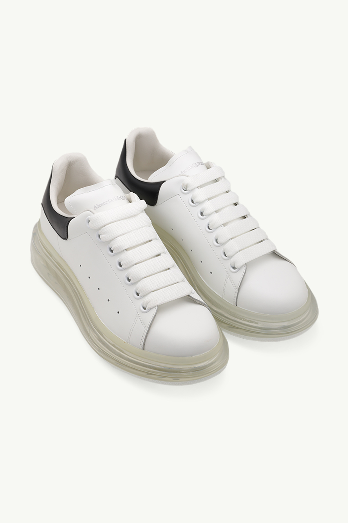 ALEXANDER MCQUEEN Women Transparent Oversized Lace-up Sneakers in White/Black Smooth Leather 1