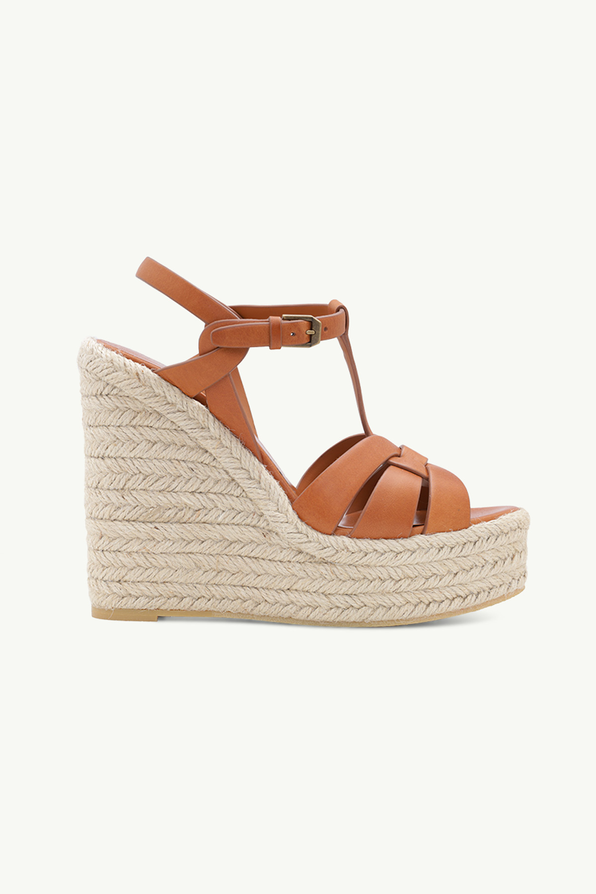 SAINT LAURENT Espadrille 12cm T Strap Wedge Sandals in Amber Calf 0