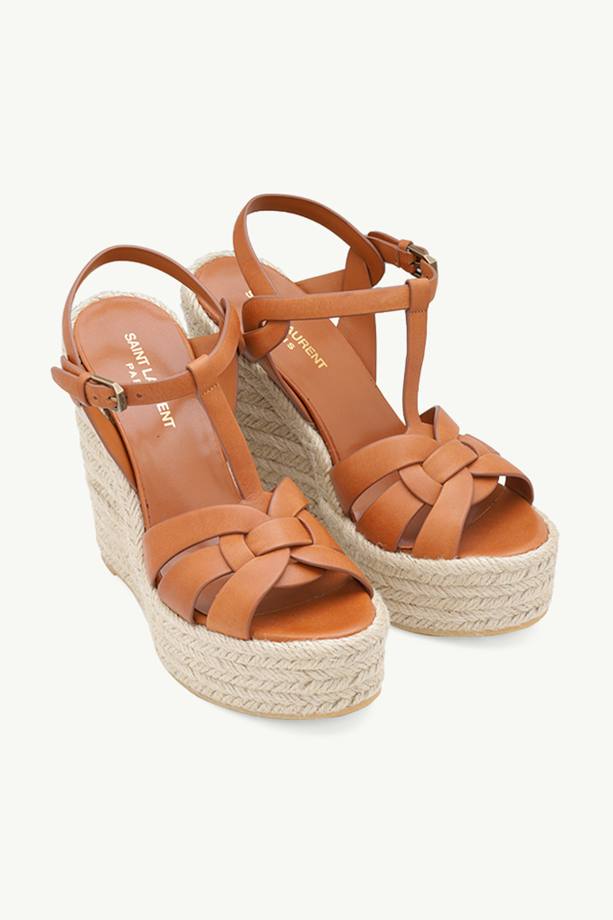 SAINT LAURENT Espadrille 12cm T Strap Wedge Sandals in Amber Calf 1