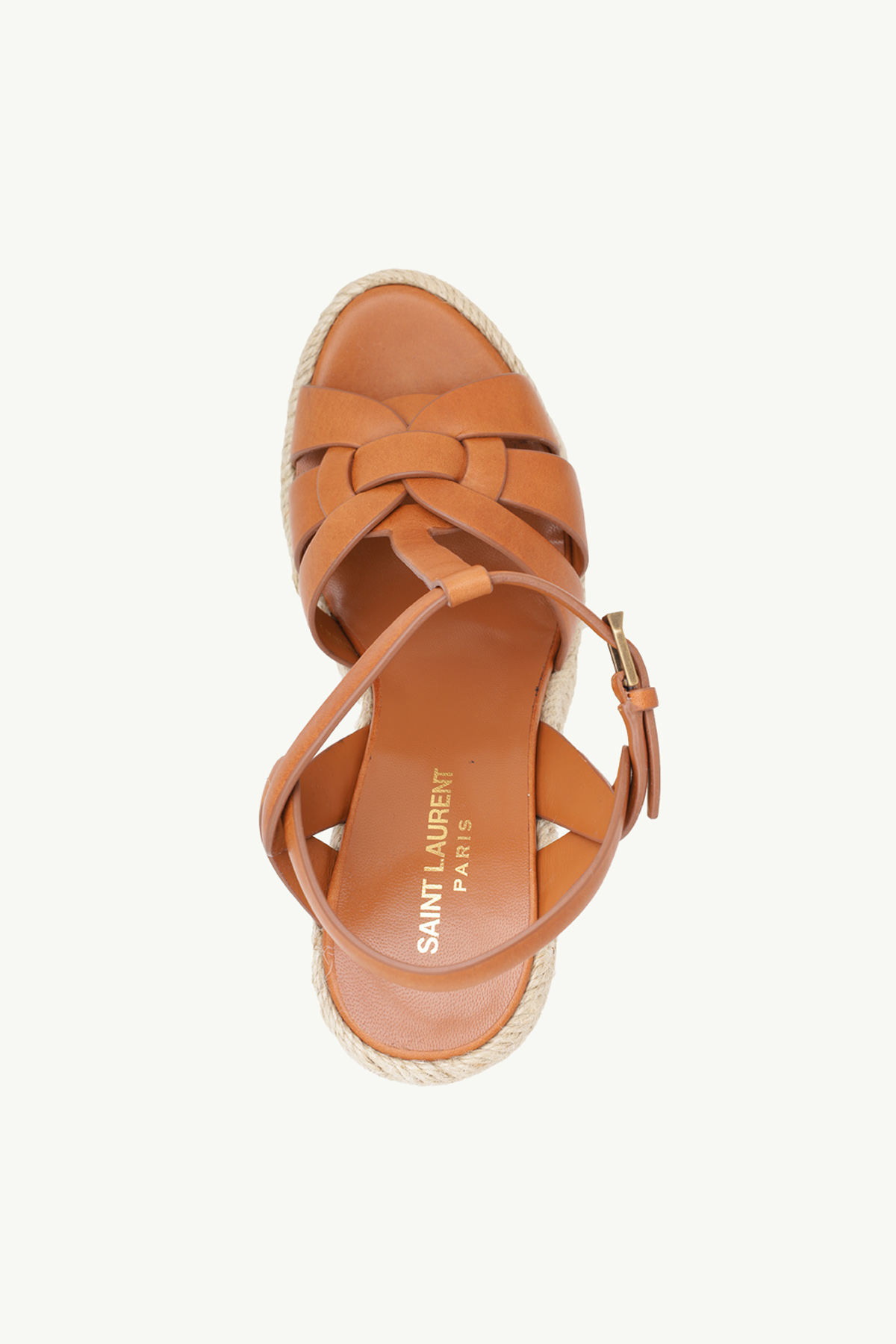 SAINT LAURENT Espadrille 12cm T Strap Wedge Sandals in Amber Calf 3