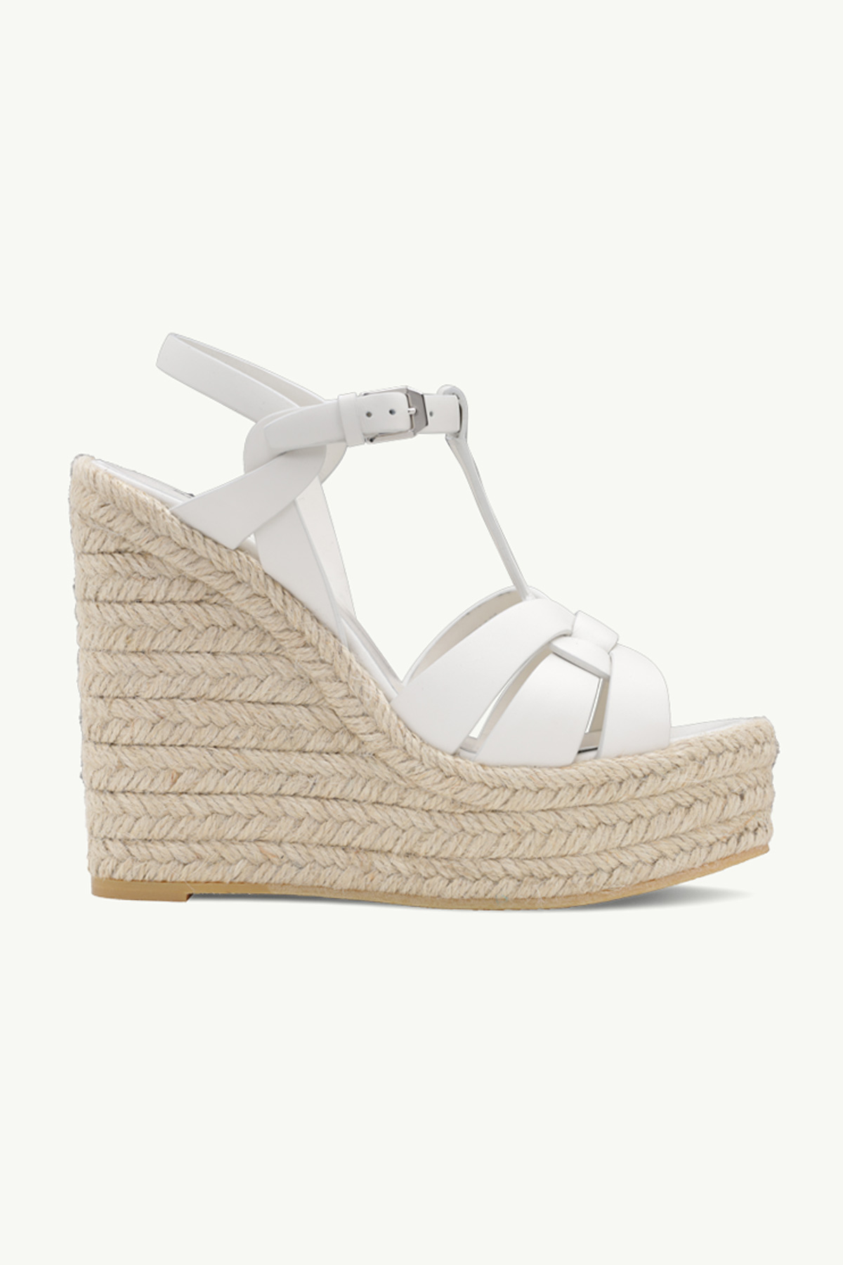 SAINT LAURENT Espadrille 12cm T Strap Wedge Sandals in White Calf 0