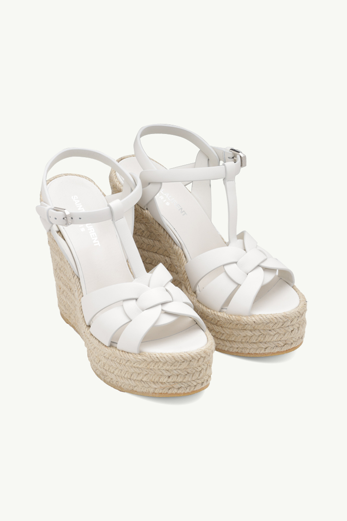 SAINT LAURENT Espadrille 12cm T Strap Wedge Sandals in White Calf 1