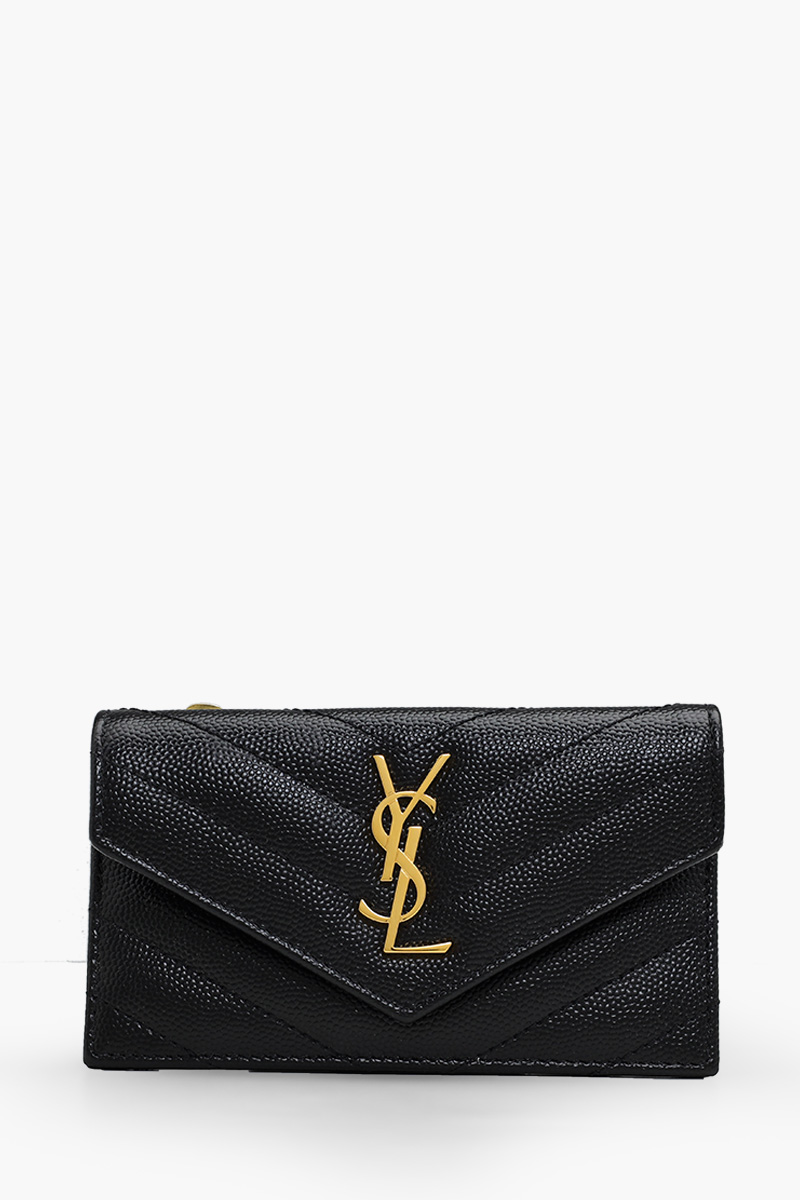 SAINT LAURENT Cassandre Fragments Flap Card Case in Black Caviar Embossed Leather GHW 0