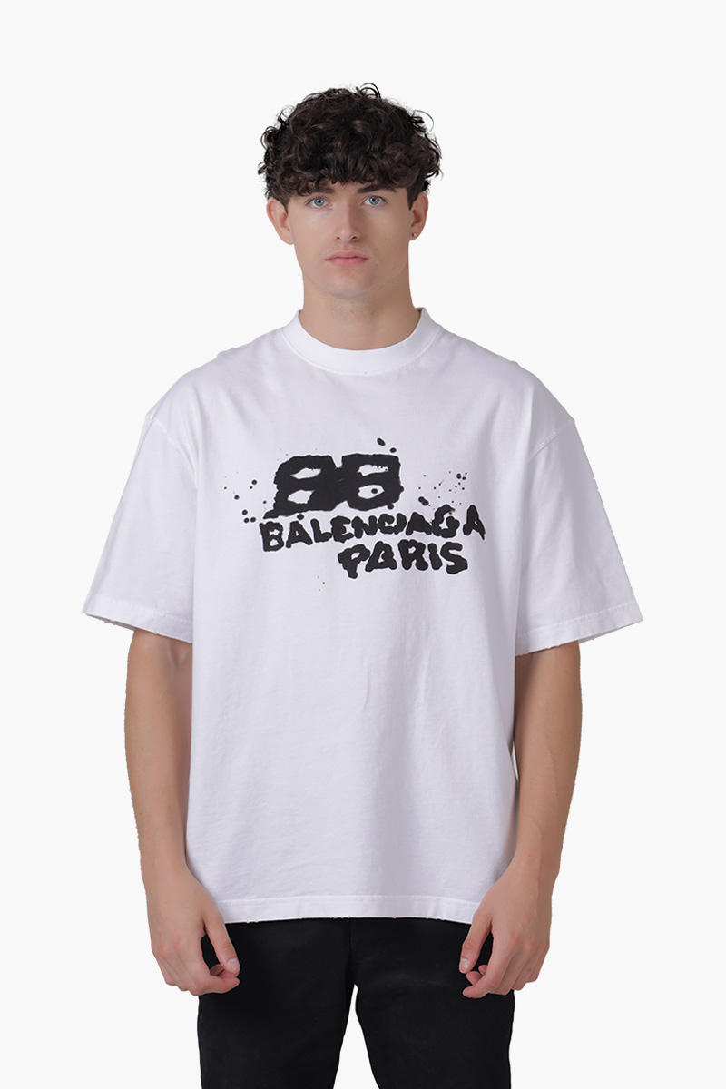 BALENCIAGA Men Hand Drawn BB Icon Medium Fit T-Shirt in White/Black Vintage Jersey 0