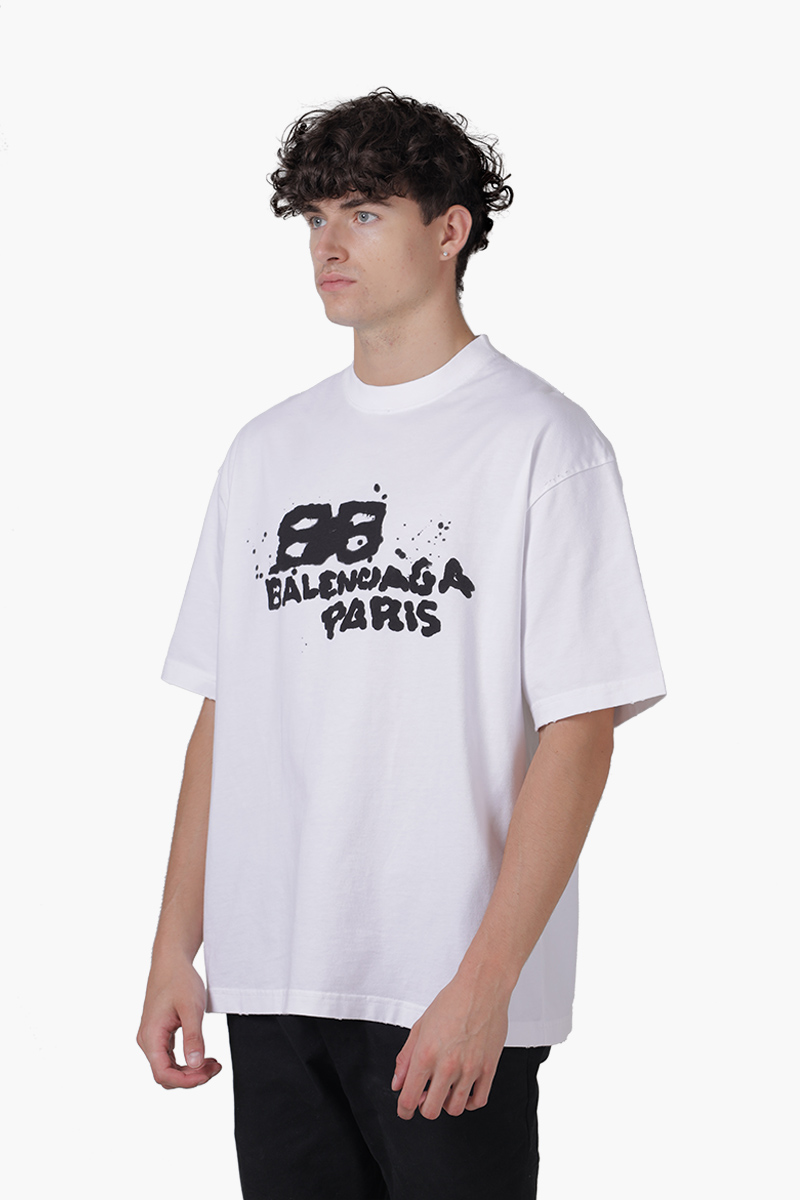 BALENCIAGA Men Hand Drawn BB Icon Medium Fit T-Shirt in White/Black Vintage Jersey 2