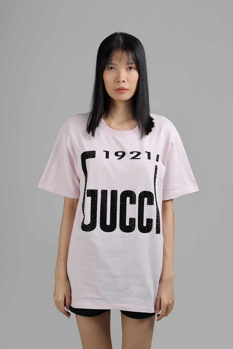 GUCCI Women Crystal 1921 Gucci Oversized T-Shirt in Rose Cotton 0