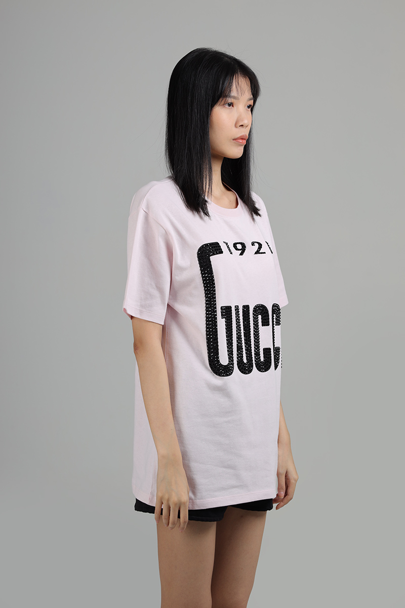 GUCCI Women Crystal 1921 Gucci Oversized T-Shirt in Rose Cotton 2