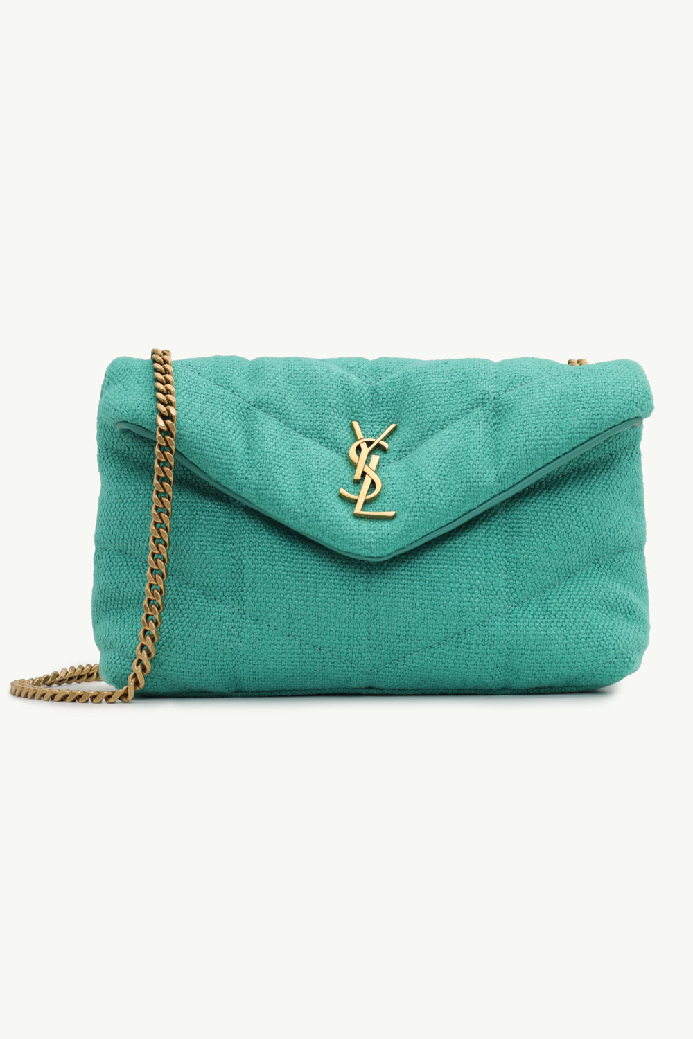 SAINT LAURENT Puffer Toy Shoulder Bag in Green Canvas x Smooth Leather with Bronze Hardware 0