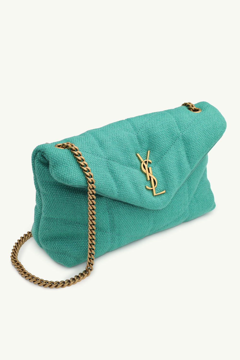 SAINT LAURENT Puffer Toy Shoulder Bag in Green Canvas x Smooth Leather with Bronze Hardware 2