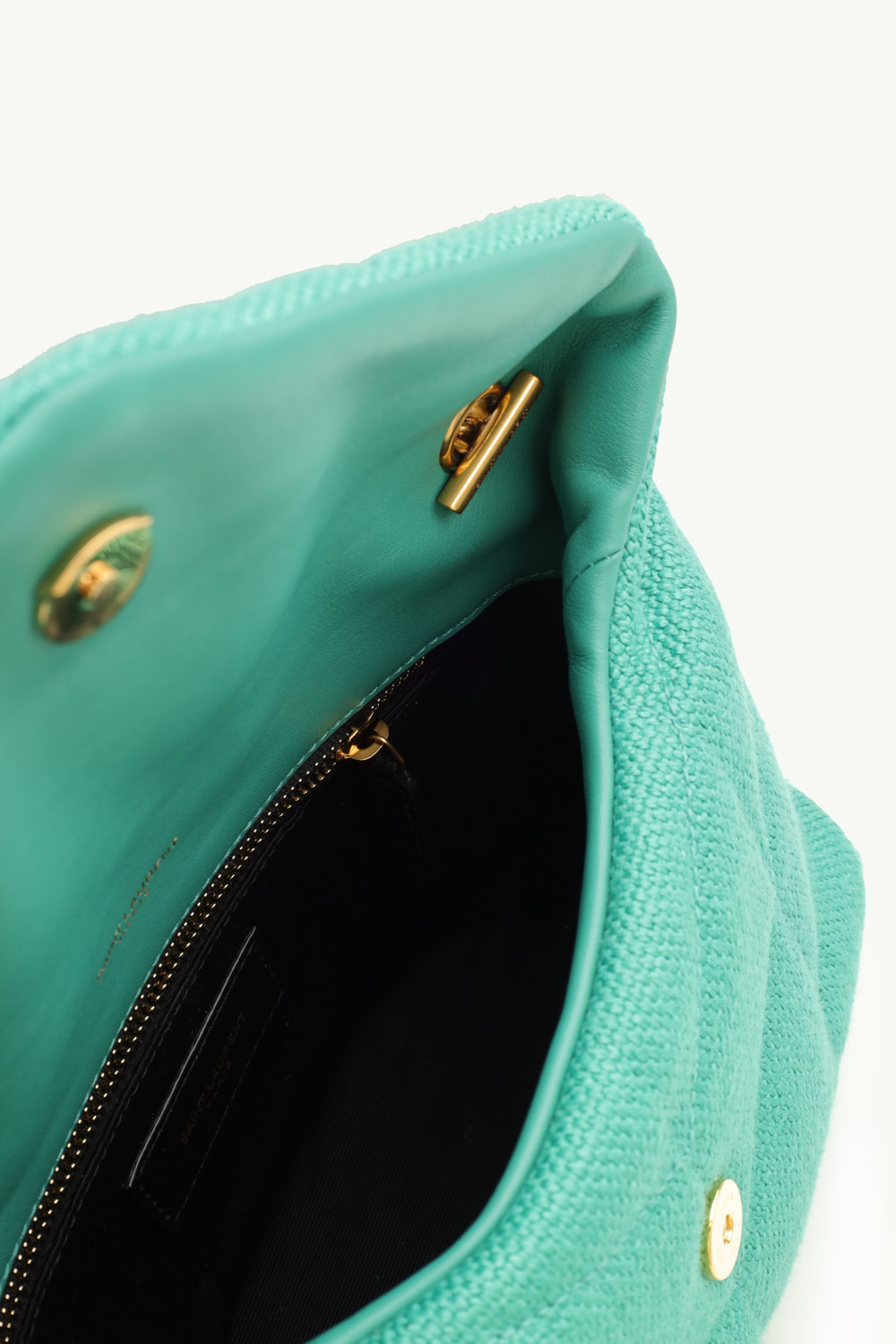 SAINT LAURENT Puffer Toy Shoulder Bag in Green Canvas x Smooth Leather with Bronze Hardware 3