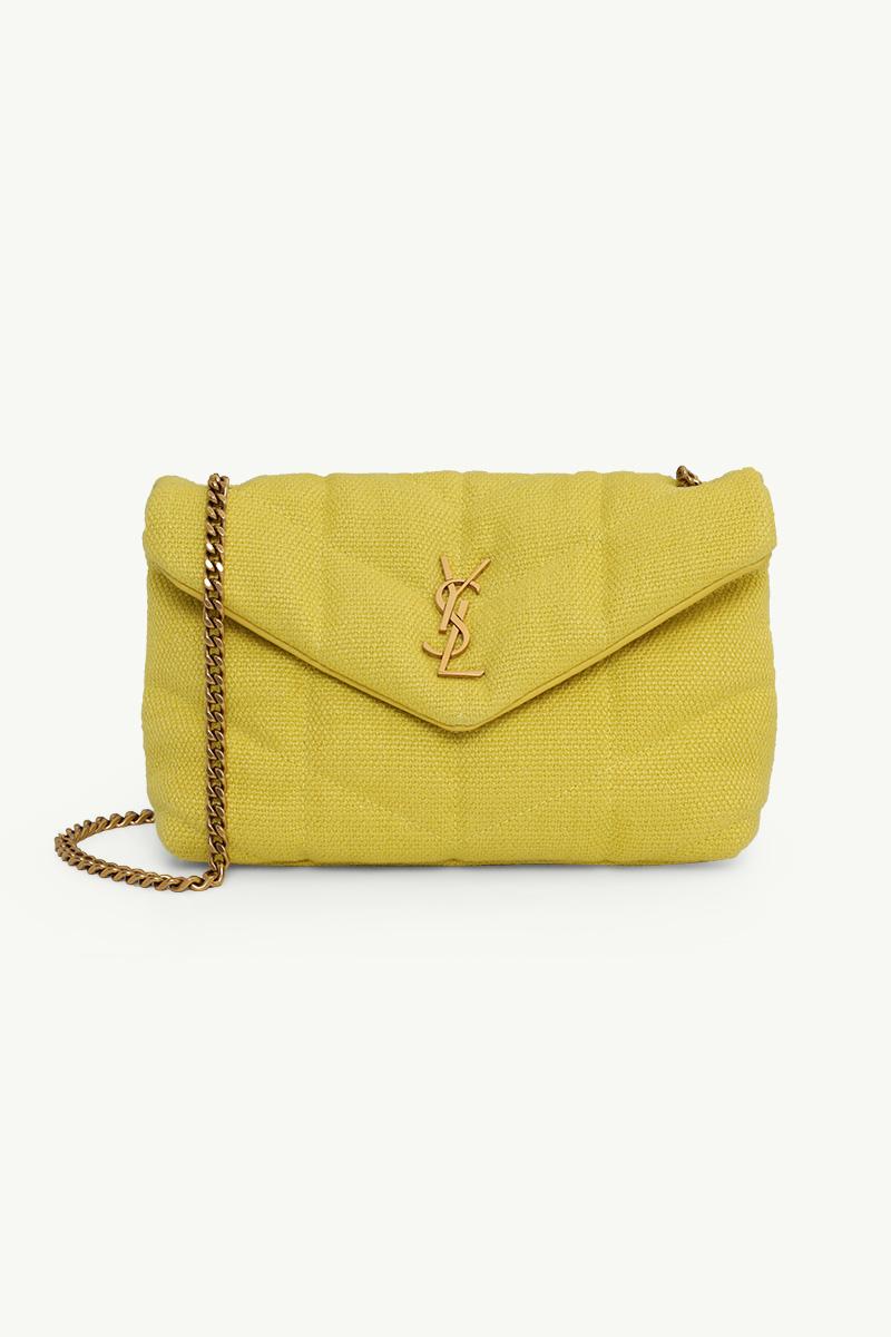 SAINT LAURENT Puffer Toy Shoulder Bag in Lemon Pie Canvas x Smooth Leather with Bronze Hardware 0