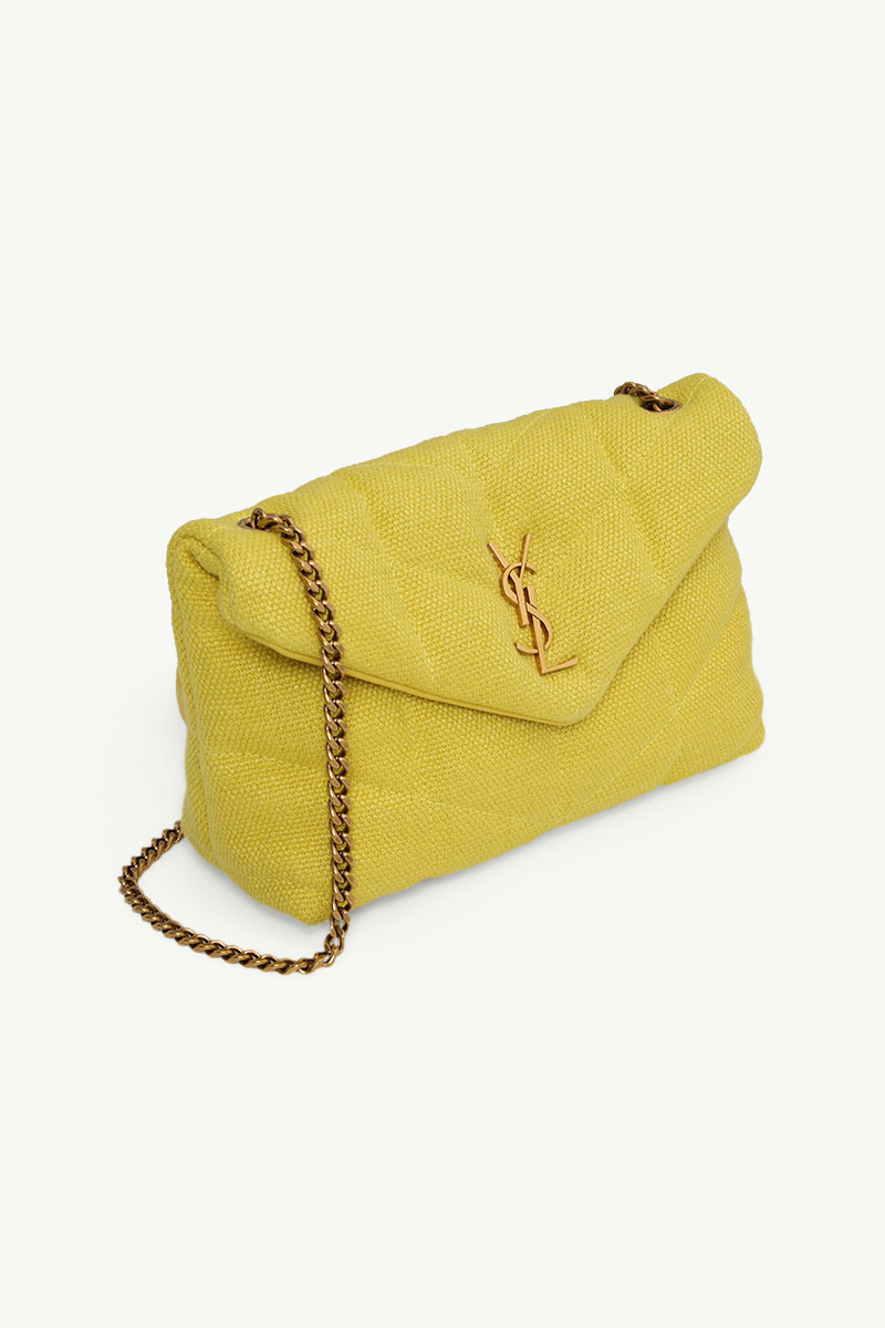 SAINT LAURENT Puffer Toy Shoulder Bag in Lemon Pie Canvas x Smooth Leather with Bronze Hardware 2