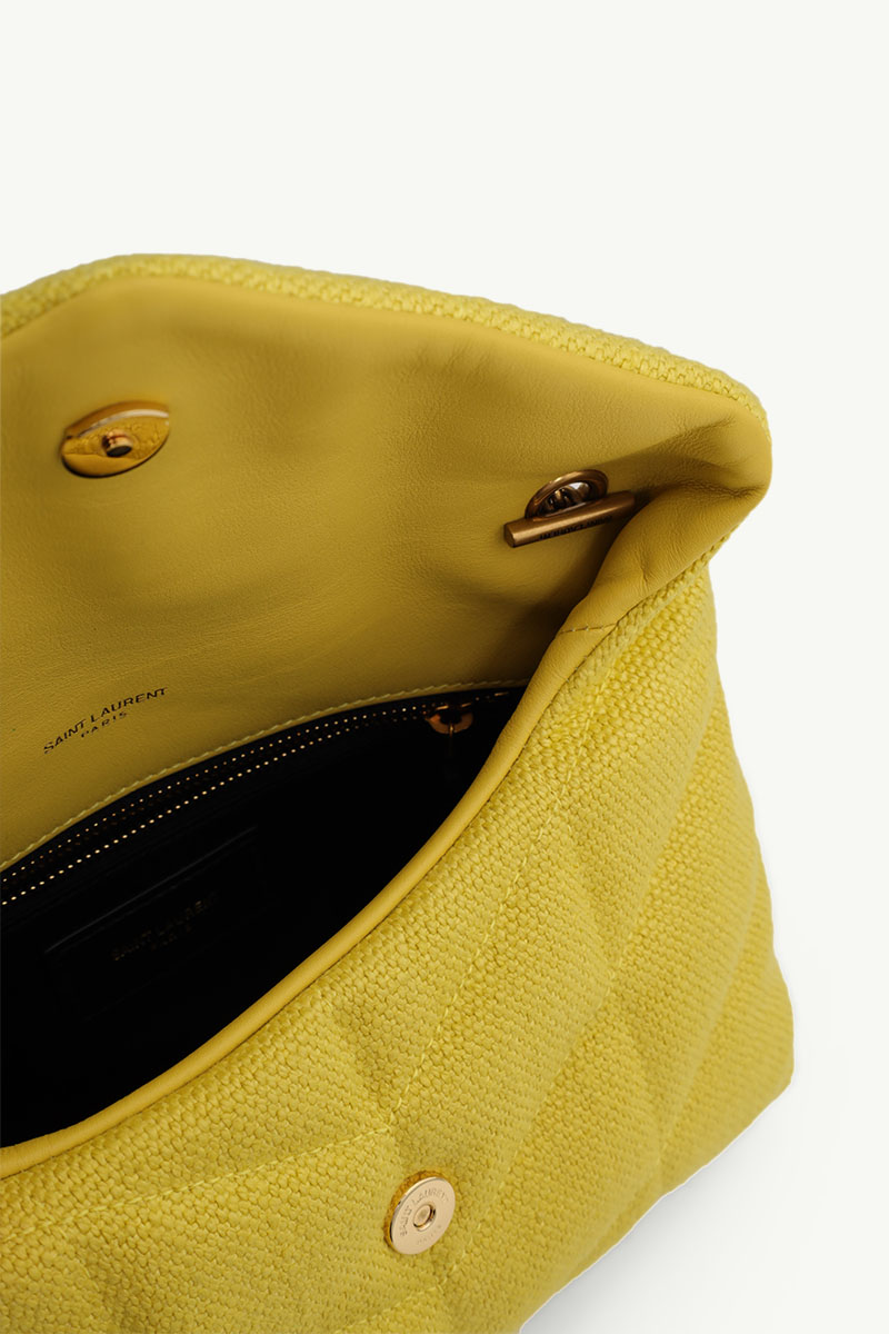 SAINT LAURENT Puffer Toy Shoulder Bag in Lemon Pie Canvas x Smooth Leather with Bronze Hardware 3