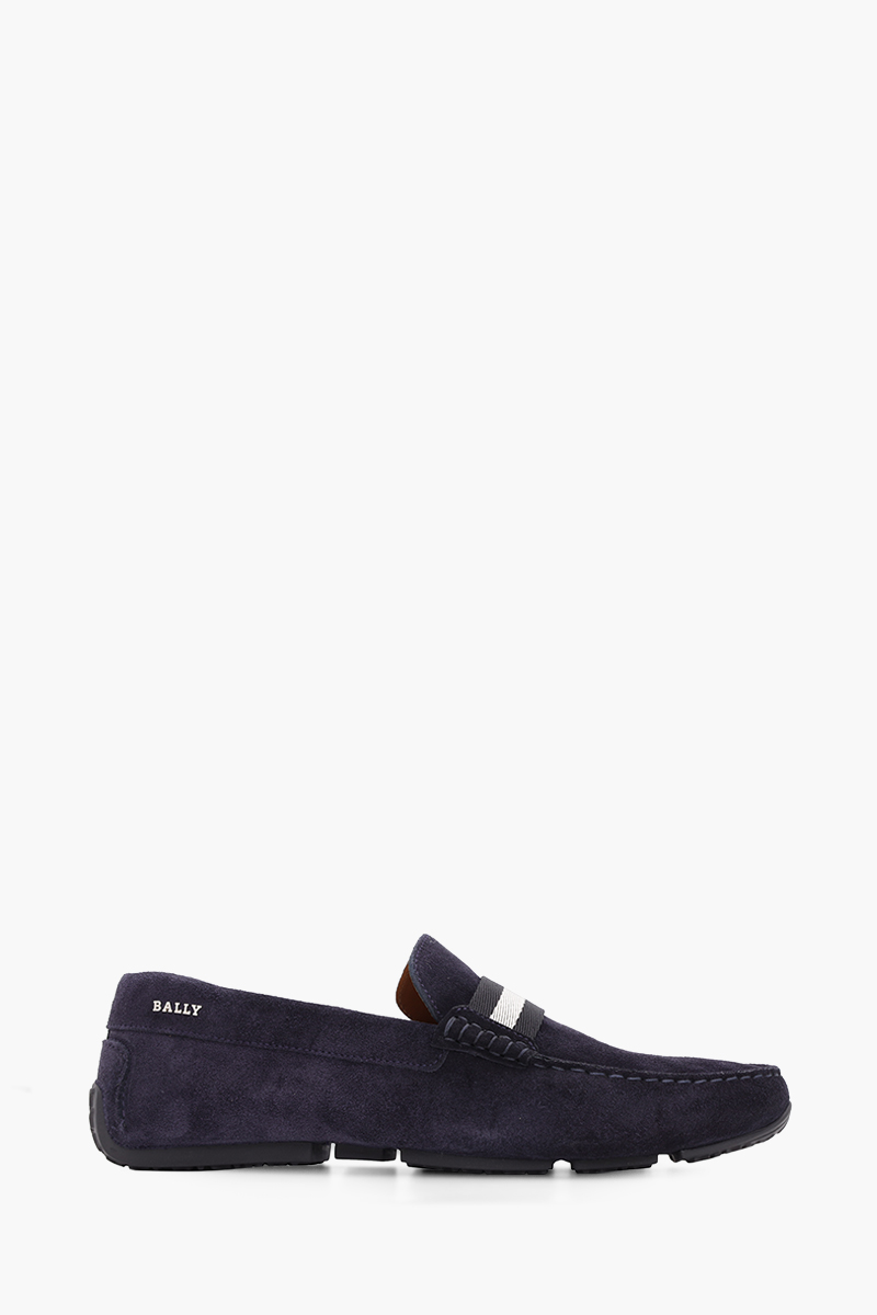 BALLY Men Driver Pearce Loafers in Navy Blue Suede with Trainspotting Stripe 0