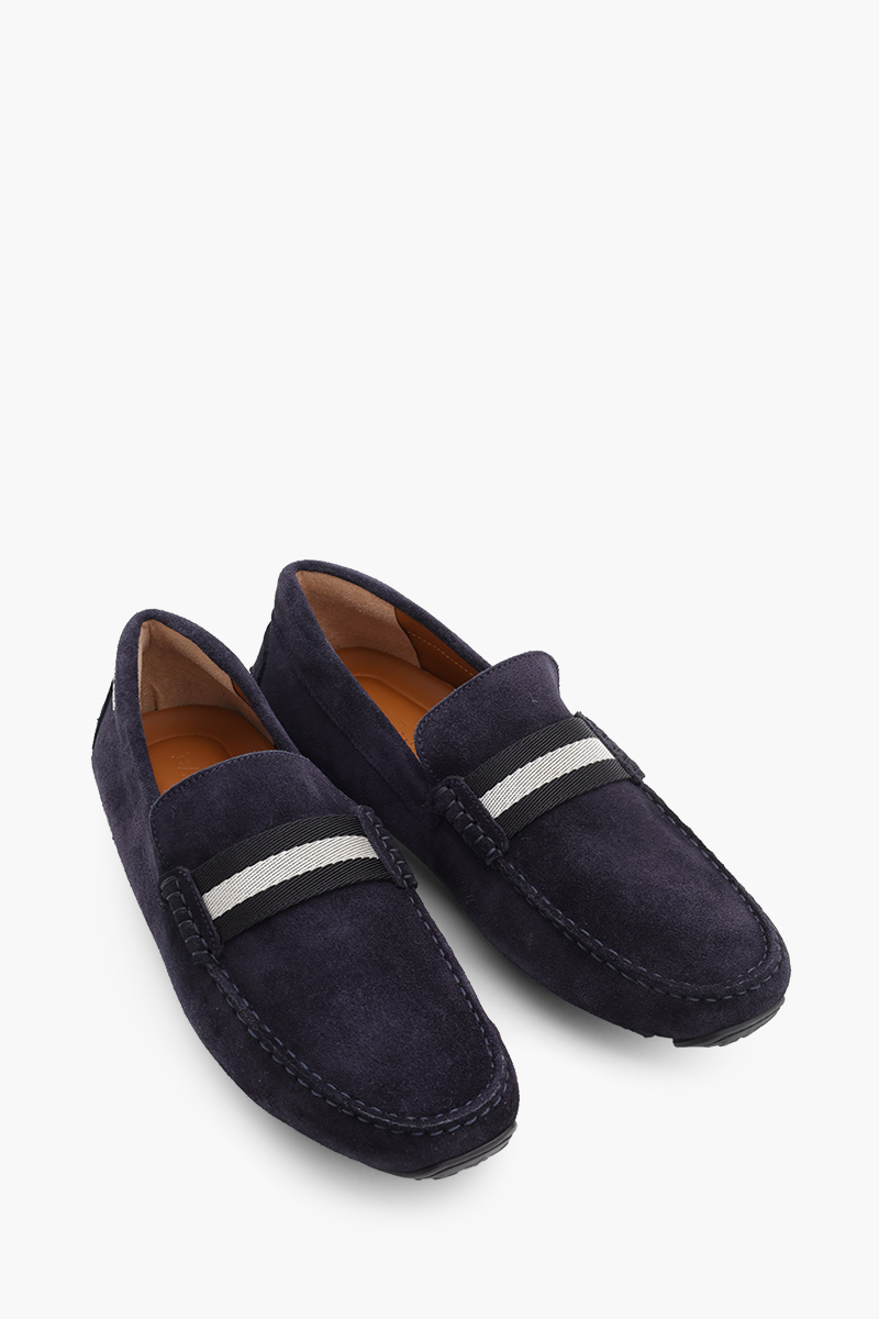 BALLY Men Driver Pearce Loafers in Navy Blue Suede with Trainspotting Stripe 1