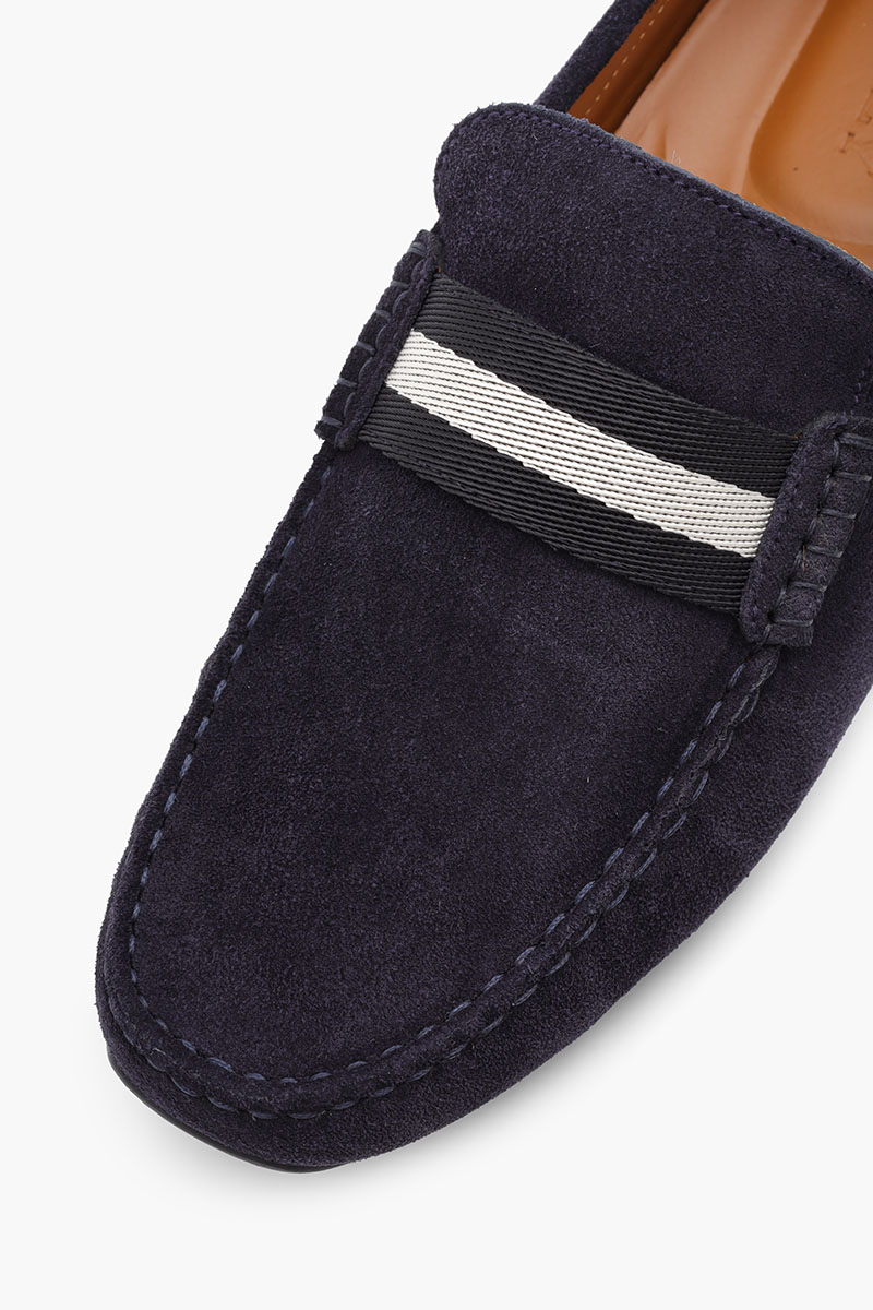 BALLY Men Driver Pearce Loafers in Navy Blue Suede with Trainspotting Stripe 4