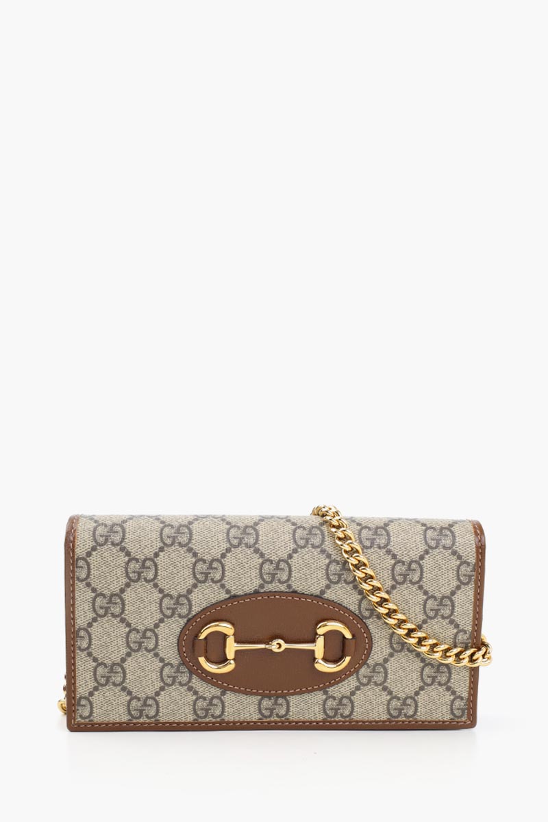 GUCCI GG Supreme Horsebit 1955 Wallet In Beige/Ebony with Chain 0