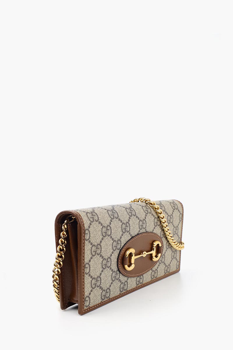 GUCCI GG Supreme Horsebit 1955 Wallet In Beige/Ebony with Chain 1