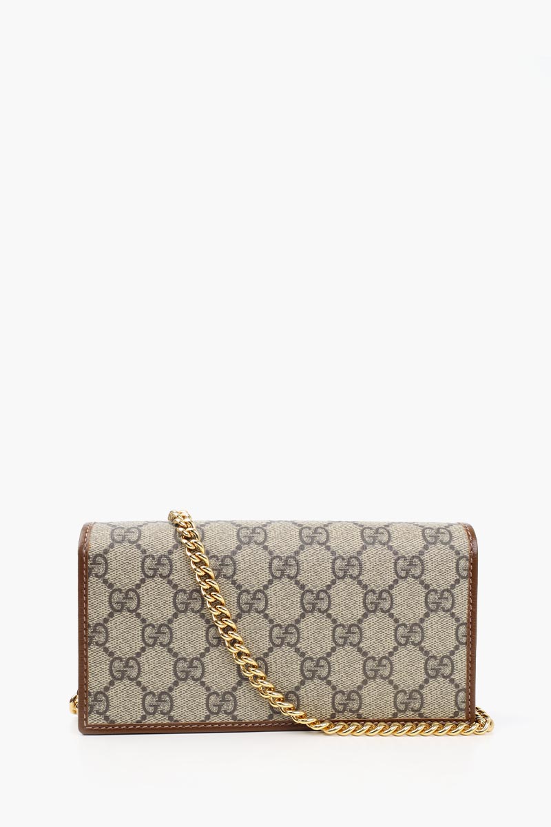 GUCCI GG Supreme Horsebit 1955 Wallet In Beige/Ebony with Chain 2