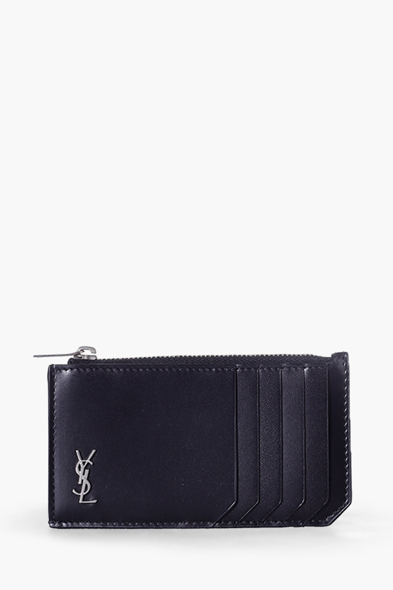 SAINT LAURENT Tiny Monogram Zipped Card Case in Black Matte Calf Leather SHW 0
