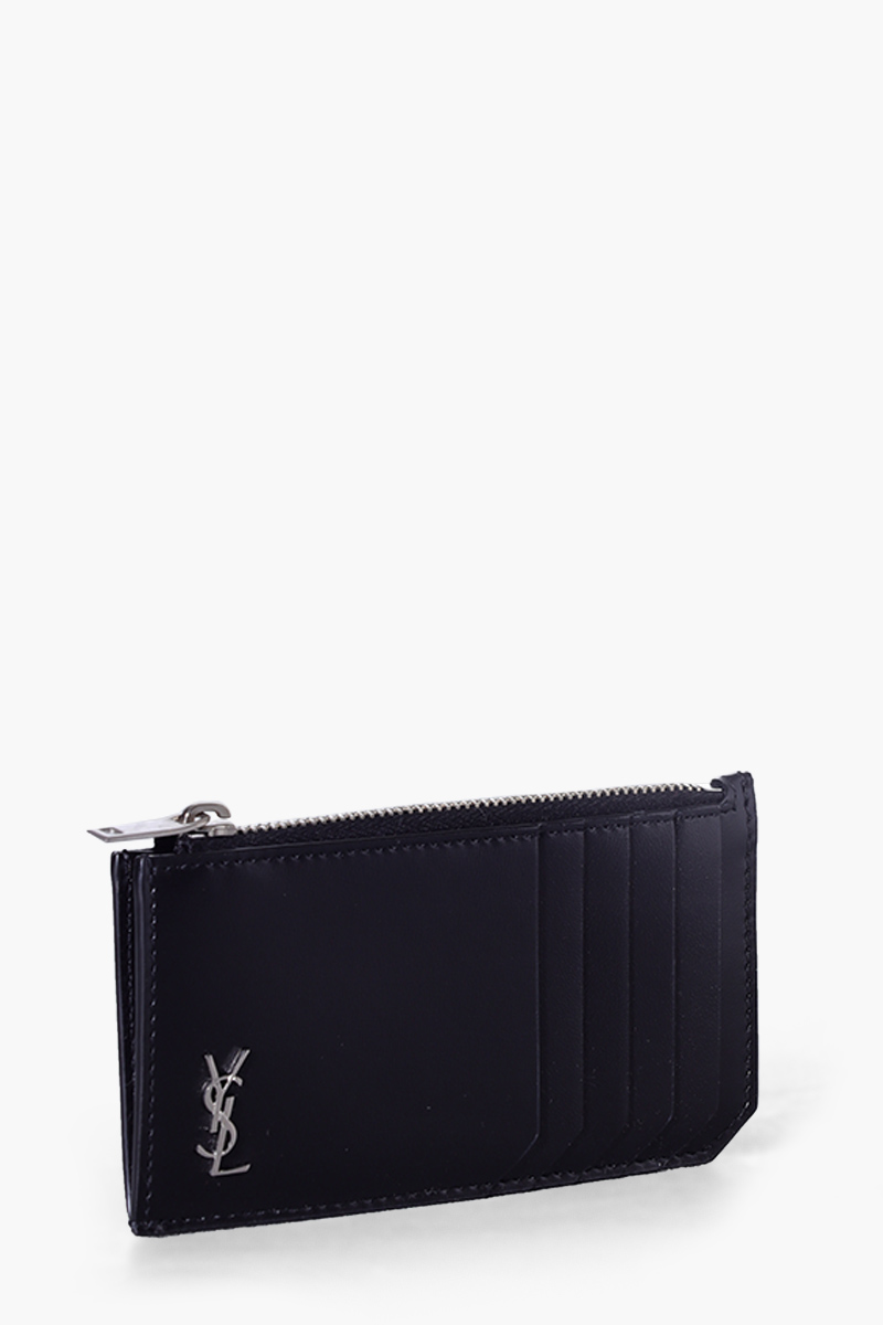 SAINT LAURENT Tiny Monogram Zipped Card Case in Black Matte Calf Leather SHW 2