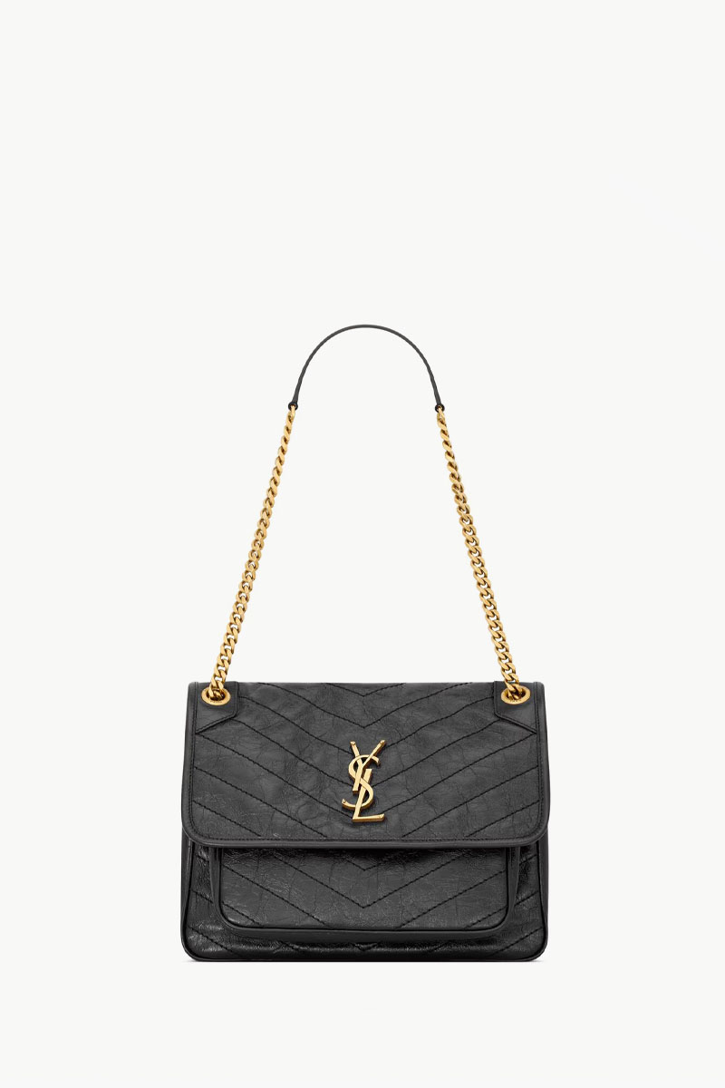SAINT LAURENT Medium Monogram Niki Shoulder Bag in Black Vintage Crinkled Leather GHW 0