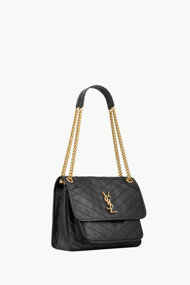 SAINT LAURENT Medium Monogram Niki Shoulder Bag in Black Vintage Crinkled Leather GHW 1