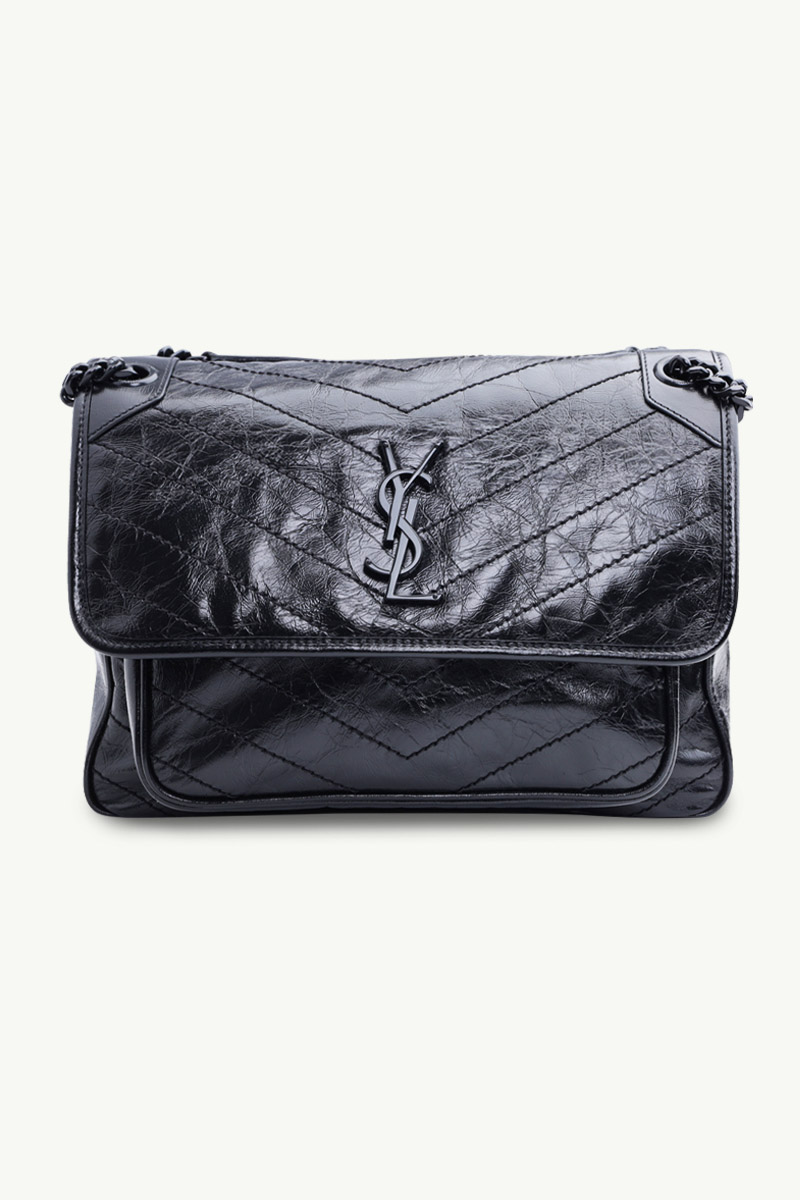 SAINT LAURENT Medium Monogram Niki Shoulder Bag in Black Vintage Crinkled Leather BHW 0