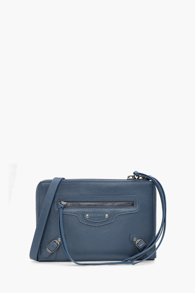 BALENCIAGA Neo Classic Zip Around Pouch in Petrol Blue Grained RHW with Strap 0