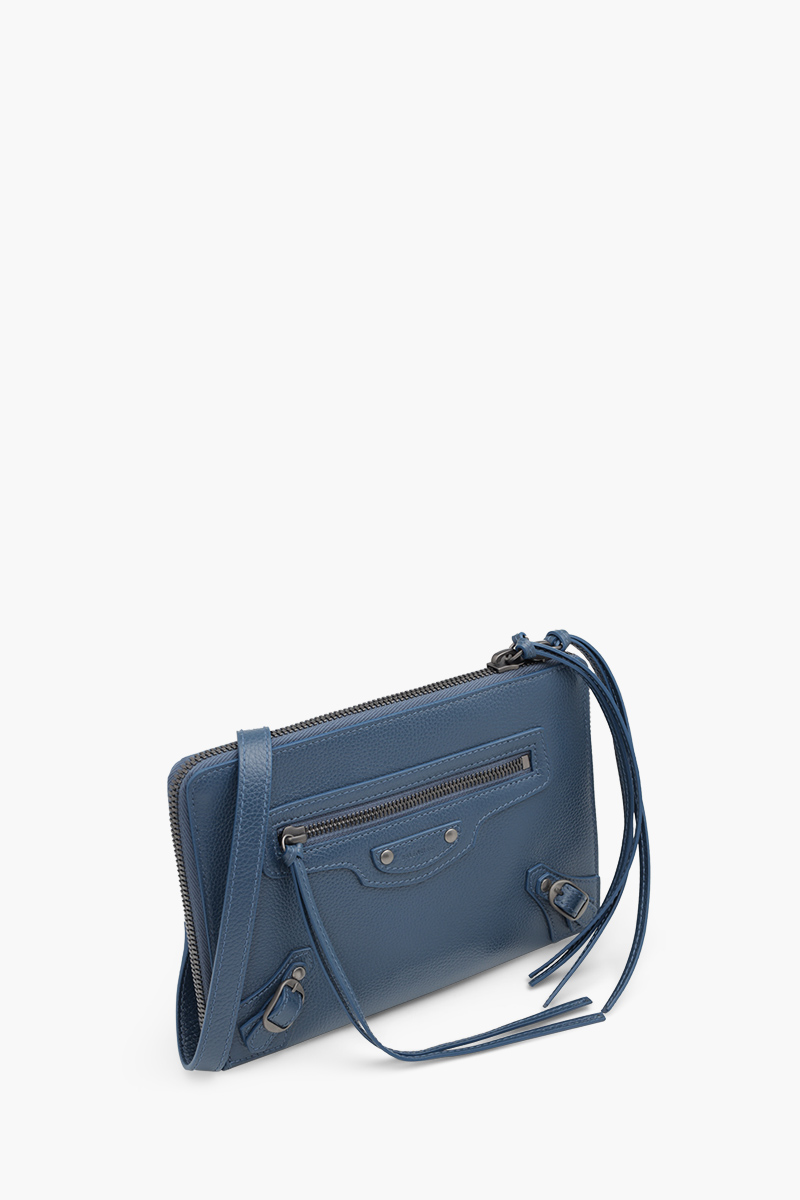 BALENCIAGA Neo Classic Zip Around Pouch in Petrol Blue Grained RHW with Strap 2